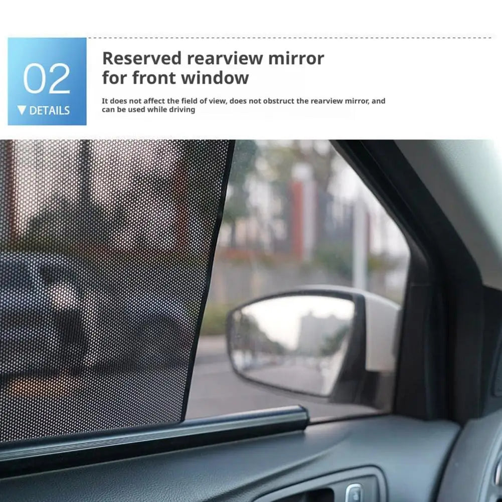 black mesh retractable car window sunshade made of breathable material designed for uv protection and insect exclusion.