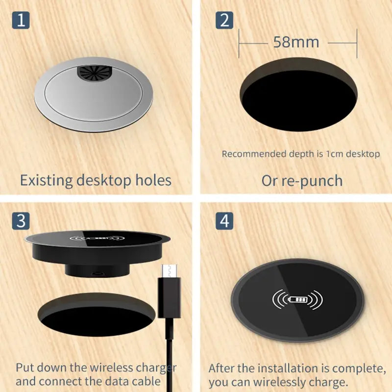 black embedded desk wireless charger fast 15w with sleek circular design and subtle white iconography for efficient wireless charging