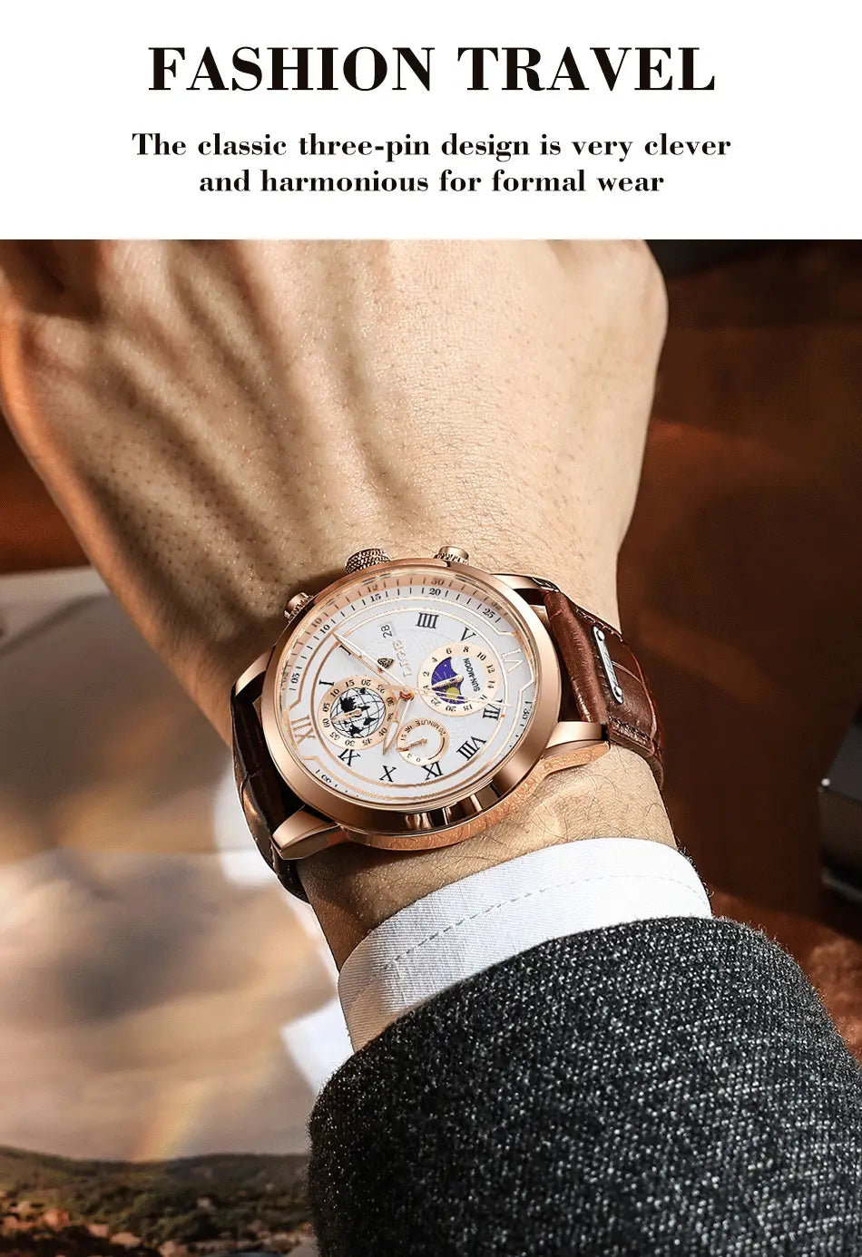 Herren-Lige-Uhr mit Roségold-Chronograph und Lederarmband, mit weißem Zifferblatt mit römischen Ziffern und Mondphasenanzeige, kombiniert mit braunem Lederarmband.
