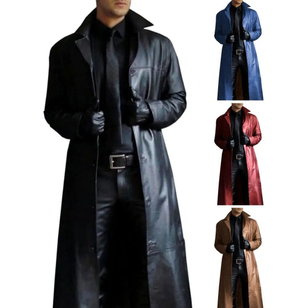trench-coat en cuir noir avec col classique, devant boutonné et ceinture assortie, issu de la collection longues vestes en cuir goth pour hommes