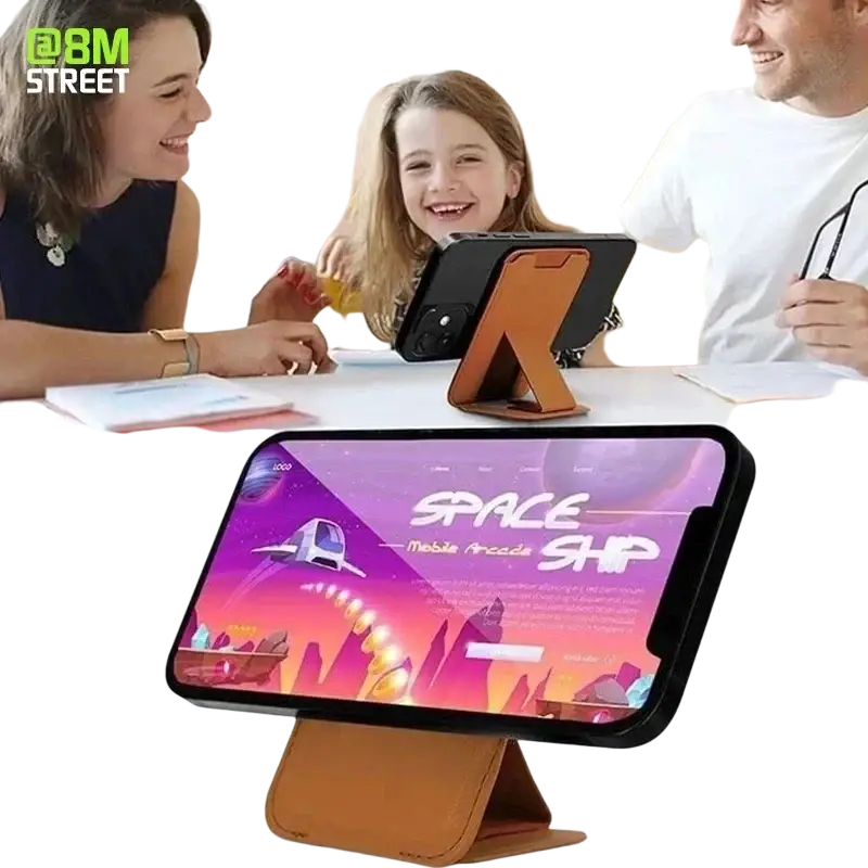 Brown leather foldable tablet stand holding an ipad with a space-themed game screen as a phone card holder case