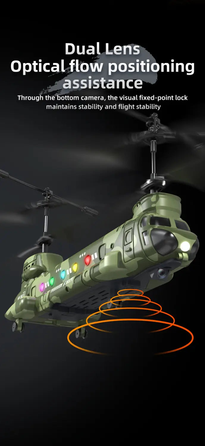 Helicóptero teledirigido de color verde oliva con doble rotor y luces LED iluminadas, diseñado para fotografía aérea en alta definición y para el desarrollo de habilidades.