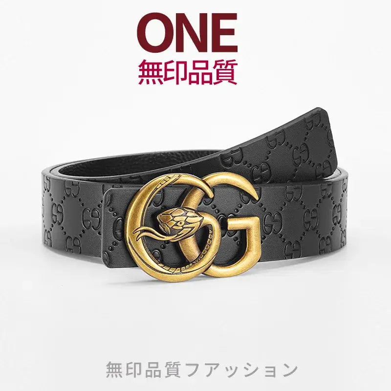 Black leather men snake buckle leather belt with gold-tone snake-embossed gg logo buckle.