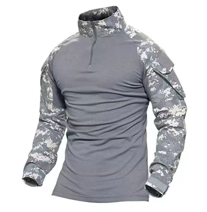 Men tactical camouflage long sleeve hiking shirt in gray and white digital camouflage with a half-zip collar and moisture-wicking fabric.