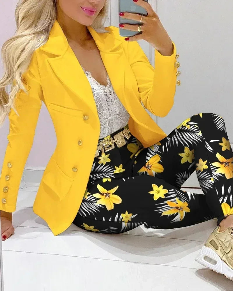 2026 Women Formal Jacket & Trousers Office Lady Outfits Autumn Women Two Pieces Set Print Blazer Coat & Pants Suit Sets Female