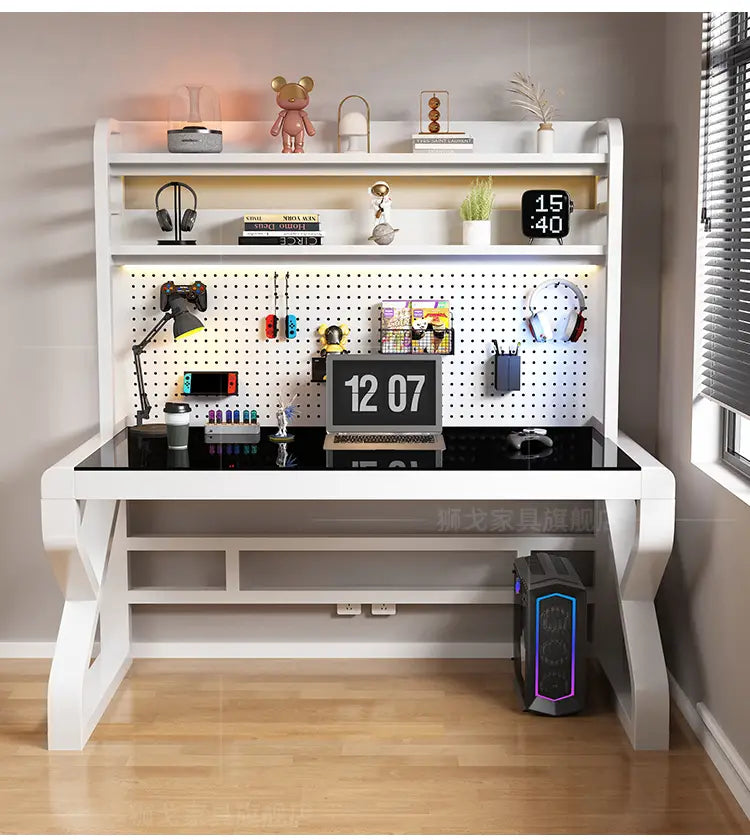 Modern glass office desk with a white frame black glass top and integrated pegboard shelf system for organized storage and workspace efficiency.