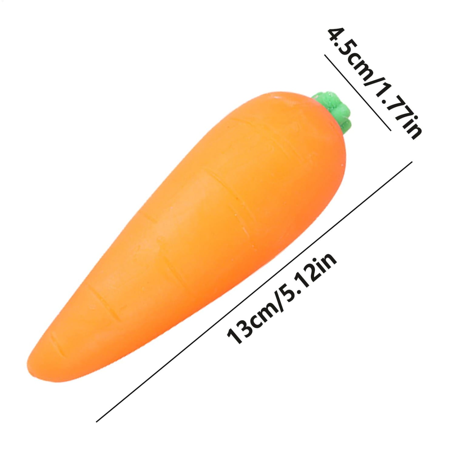 Juguete exprimible de rebote lento con forma de zanahoria naranja con la parte superior verde mostrado desde el ángulo frontal