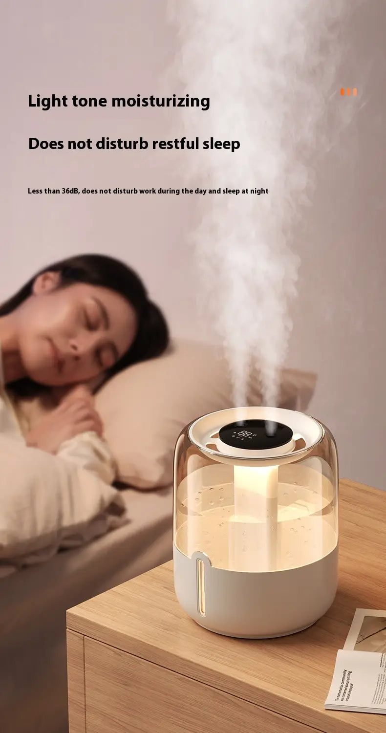Un elegante humidificador de aire inteligente de doble niebla de 3,8 l, moderno, en blanco y vidrio transparente, con un panel de control negro en la parte superior