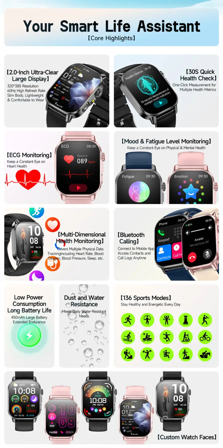 Pink and black ecg health monitoring smart watch with a 2.0-inch ultra-clear display featuring blood pressure tracking mood tracking and bluetooth calling capabilities.