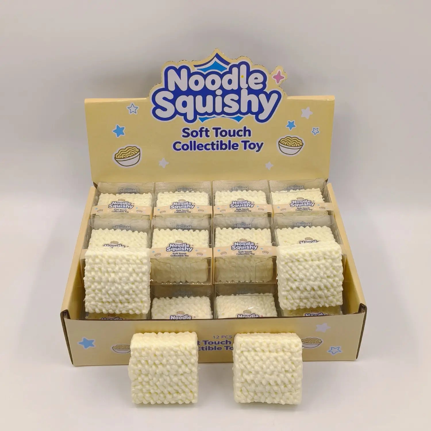 white cube-shaped instant noodle squishy toy with a soft textured surface resembling noodles designed for stress relief and collectible purposes.