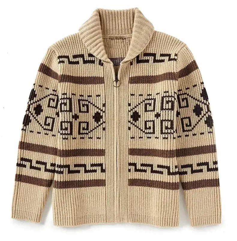 Pull-over cardigan vintage à fermeture éclair géométrique pour homme en beige et marron en maille, avec col et poignets côtelés.