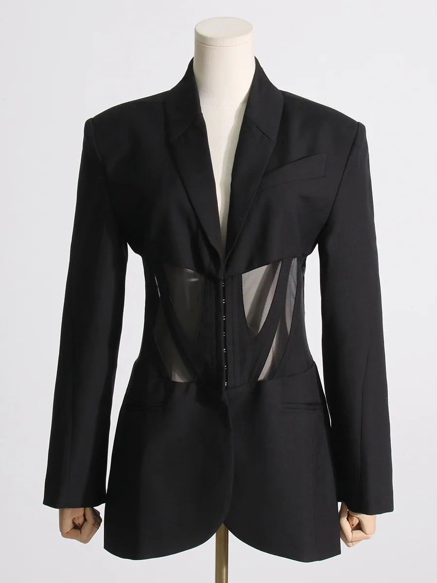HOTCIAL Fashion Women Blazer Notched Collar Full Sleeve Hidden Breasted Lace Patchwork Waist Black Jacket Autumn 2025 New