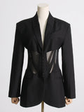 HOTCIAL Fashion Women Blazer Notched Collar Full Sleeve Hidden Breasted Lace Patchwork Waist Black Jacket Autumn 2025 New