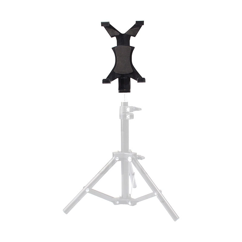 Black plastic tablet holder mounted on a tripod mount designed as a tablet stand for iPad and smartphones.