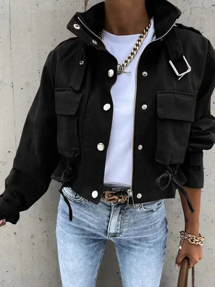 Women's Short Print Trench Jacket Coat With Zipper Stand Collar Loose Windbreaker Casual Clothes Fashion Fall Winter Women Coat