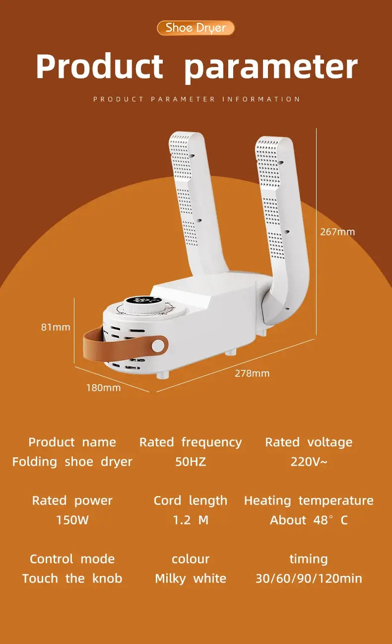 Sèche-chaussures électrique portable et réchauffeur pliable blanc laiteux, avec deux bras de séchage verticaux et une sangle en cuir marron pour un transport aisé
