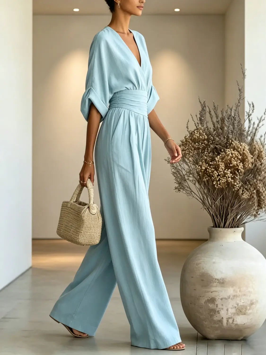 a light blue flowing wide-leg jumpsuit with v-neck and cinched waist made of soft fabric for elegant wear