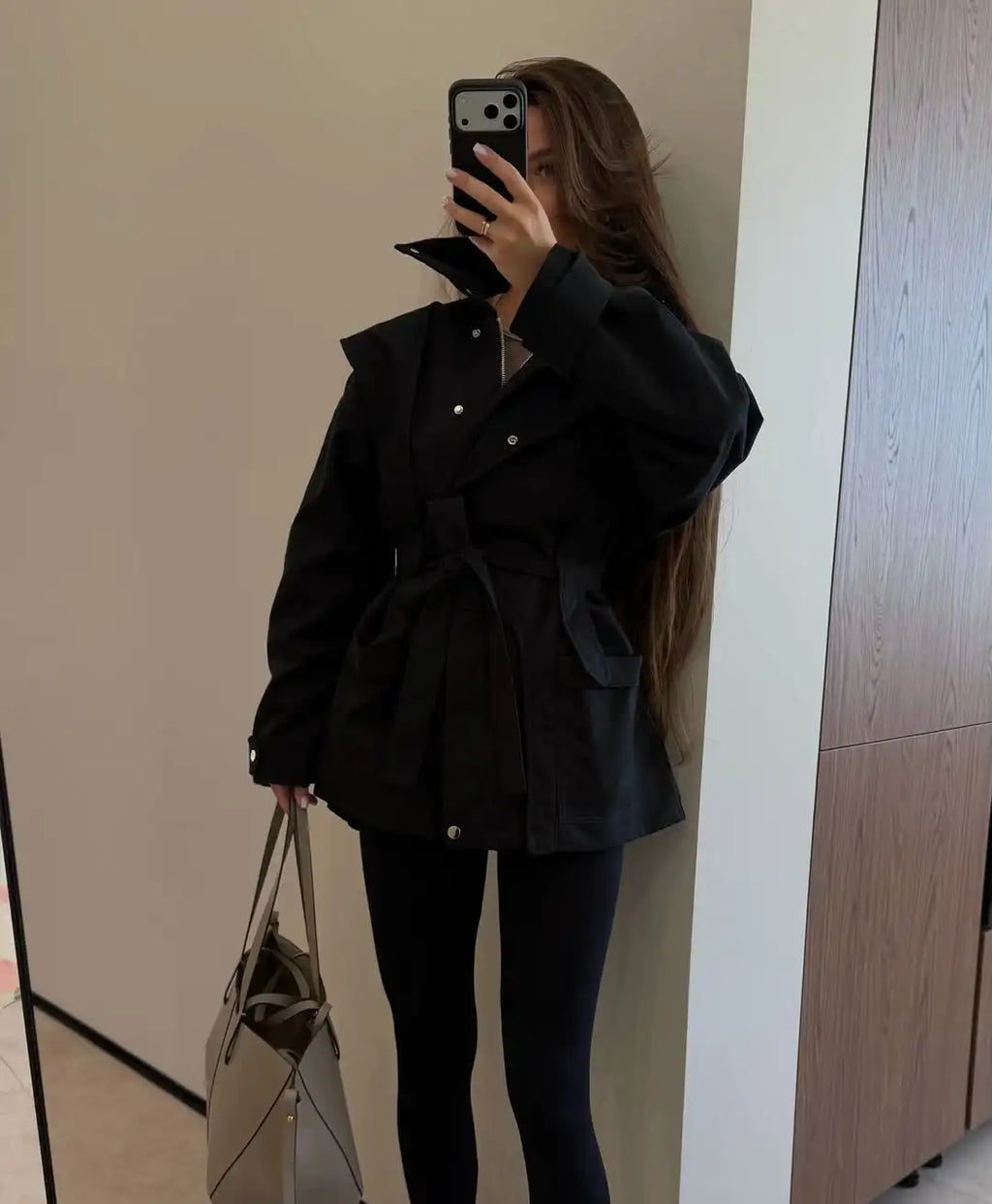 Women Short Trench Coat Belted Stand Collar Double Breasted Utility Jacket Oversized Pocket Chic Casual Office Commute Outerwear