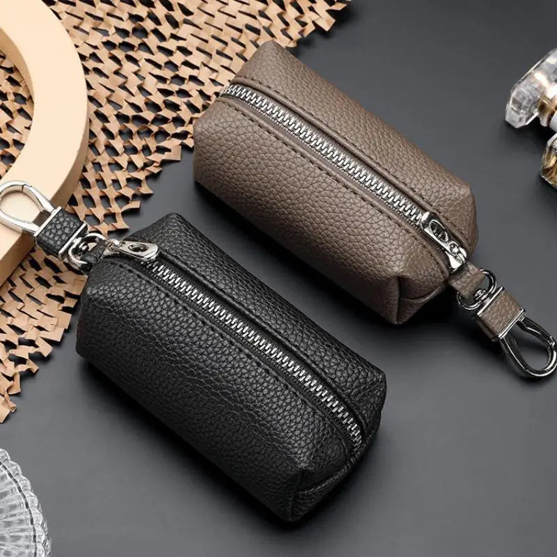 Leather Car Key Wallet Double Zipper Fashion 1Pcs Slim Key Holder Keychain Case Perfect for Travel Commute