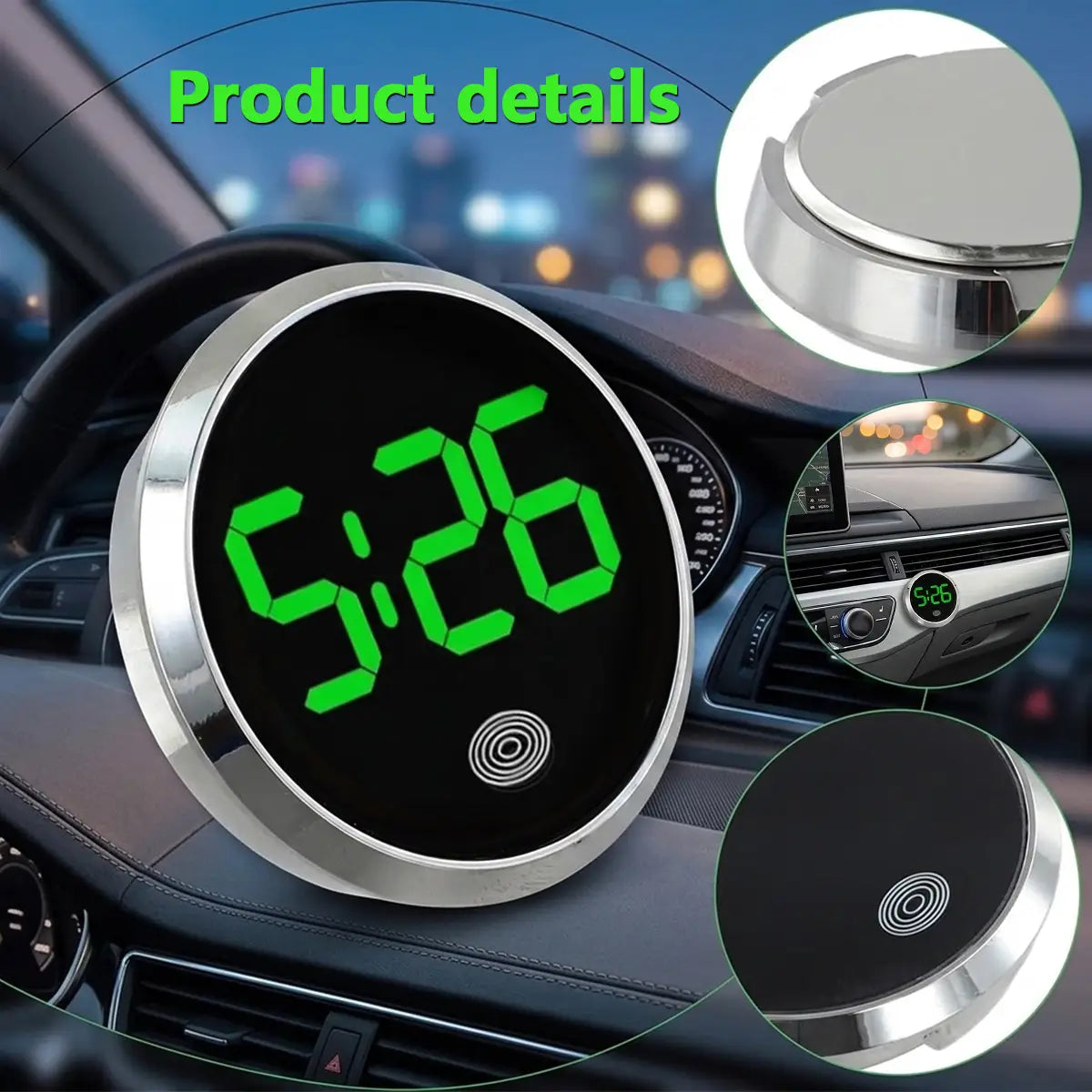 Circular digital car clock with sleek silver metallic frame and bright green led numerals displaying time for car dashboard digital clock led touch display.