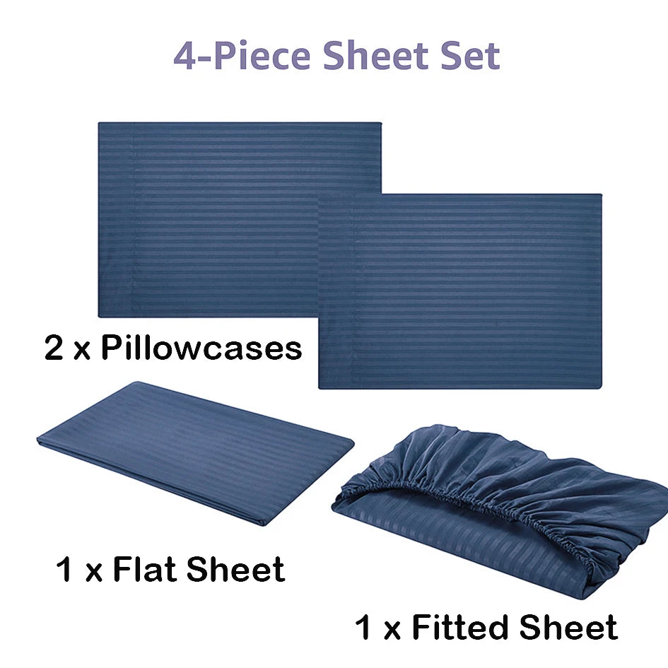 Battilo Bed Sheets 4 Pieces Set Luxury Fitted Flat Sheet with Pillowcases Solid Stripe Bedding Set For Twin Full Queen King Size