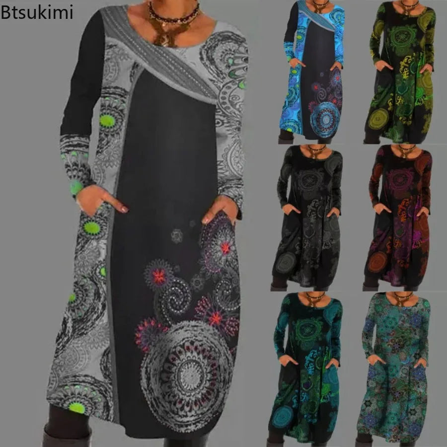 Ethnic Style Casual Dresses Women's Loose Vintage Ruffles Midi Dress Spring Autumn Long Sleeve Boho Printed Party Pocket Dress