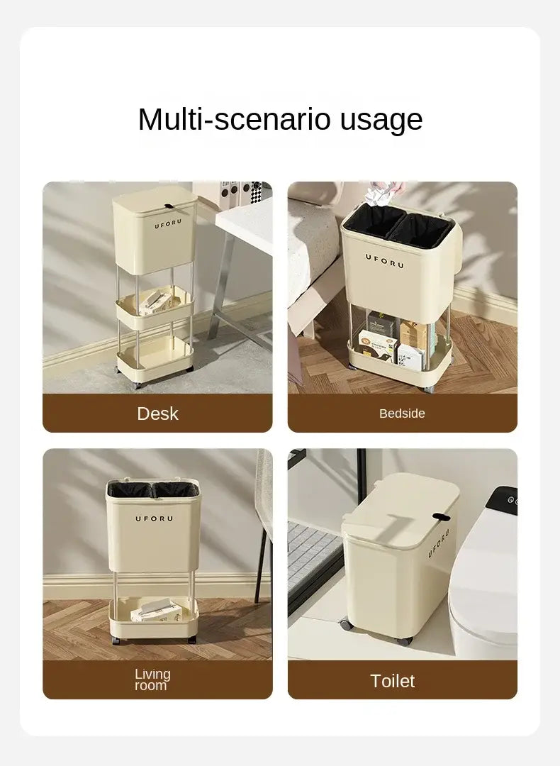 Cremefarbener Uforu-Baby-Aufbewahrungsorganisationswagen mit mehreren Fächern und Abfalleimer auf Rollen, mit elegantem modernem Design, geeignet für unterschiedliche Haushaltssituationen