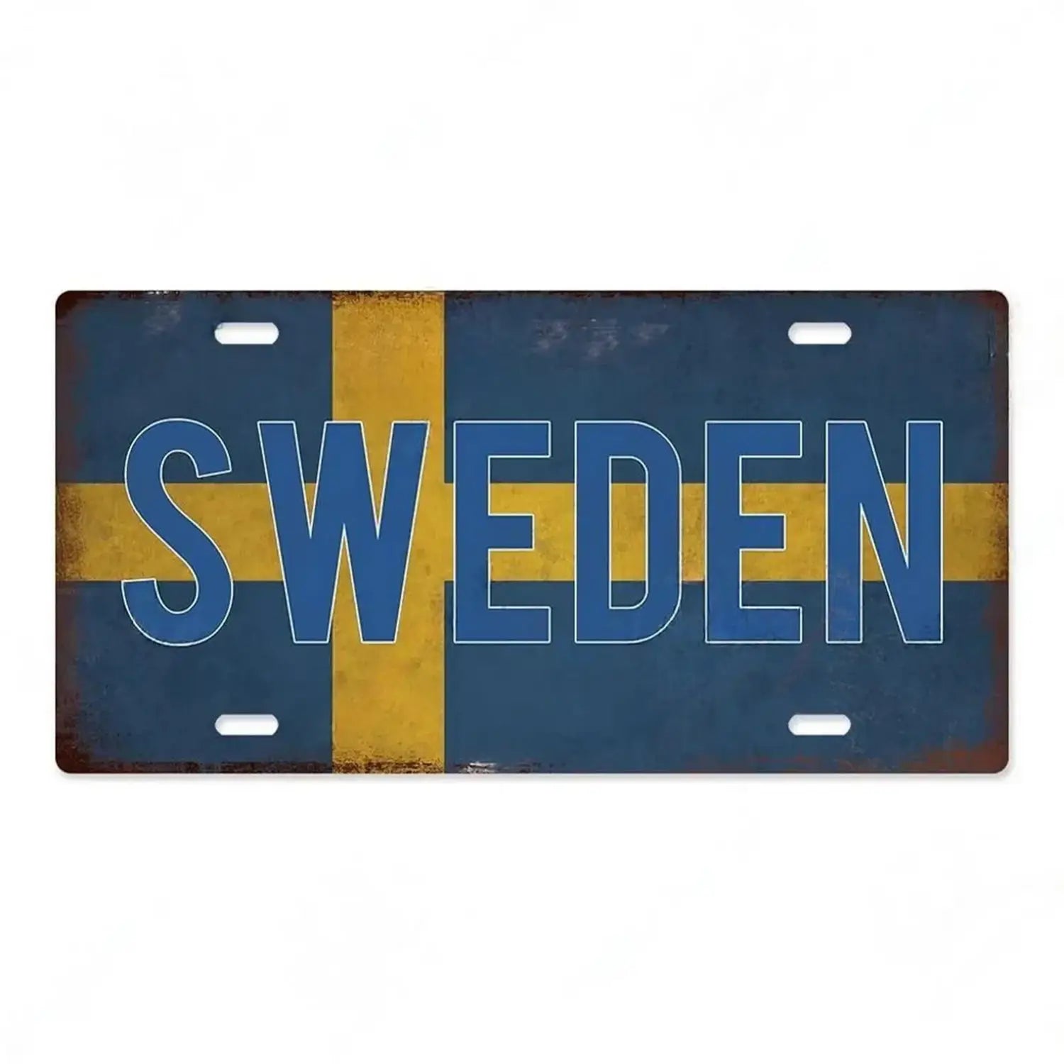 Rustic blue and yellow Swedish flag metal license plate with distressed finish featured as vintage wall decor under India flag metal license plate collection.