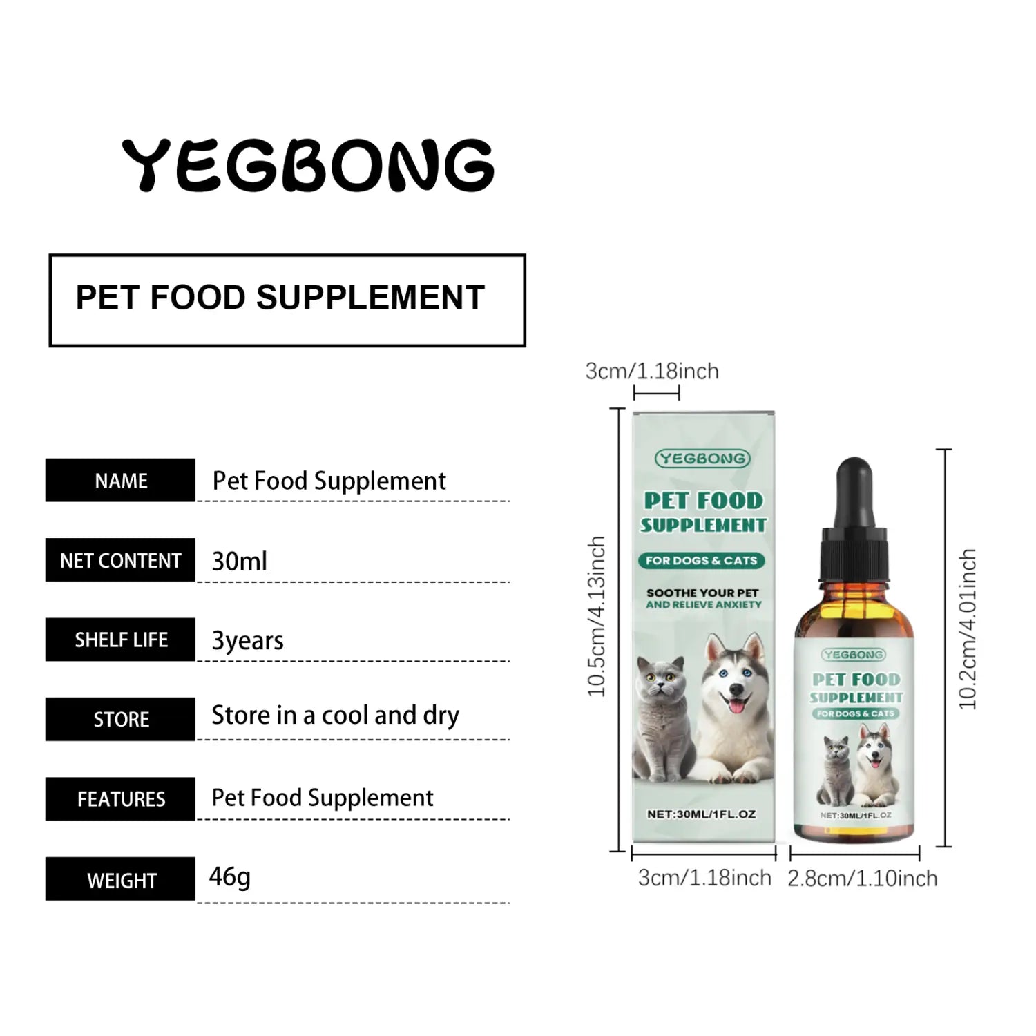 Yegbong pet anxiety relief drops for dogs and cats in a 30ml amber glass bottle with a black dropper cap and white label featuring images of dogs and cats.