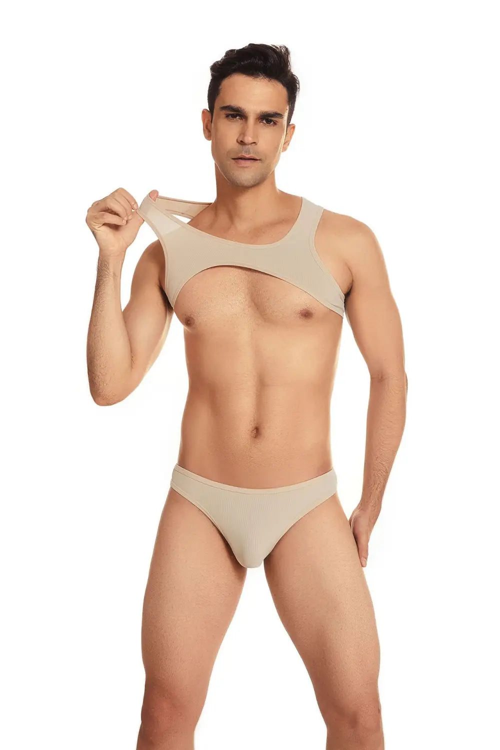 Haut court côtelé beige ajusté, pour la salle de sport, pour l’entraînement, de style actif, avec un design découpé, associé à des slips assortis.