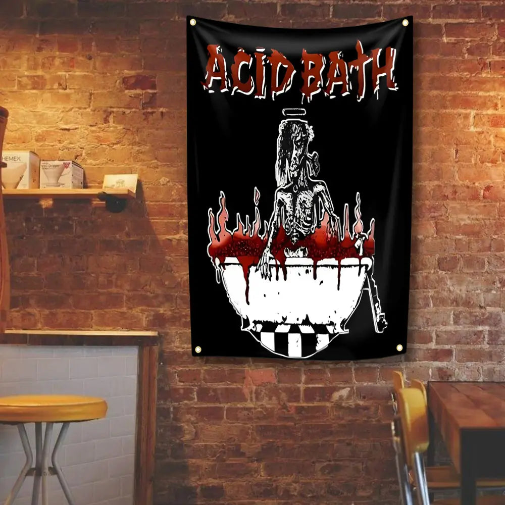 schwarze individuelle Polyester-Tapetenwandbehang-Kunst mit einem Säurebad-Logo in einer Schriftzug-Charakter-Schrift sowie einer Skelettfigur in einer Badewanne, mit roter Flüssigkeit, die auf den Stoff gedruckt ist