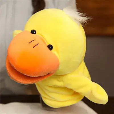 a soft yellow plush duck puppet with an orange beak and black button eyes is part of educational baby toys including lion elephant bunny hand finger puppets.