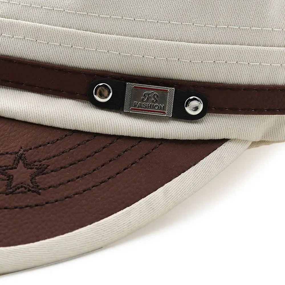Beige and brown military cadet baseball cap made of adjustable cotton with a stitched star detail and metallic fs fashion brand plaque on the visor.