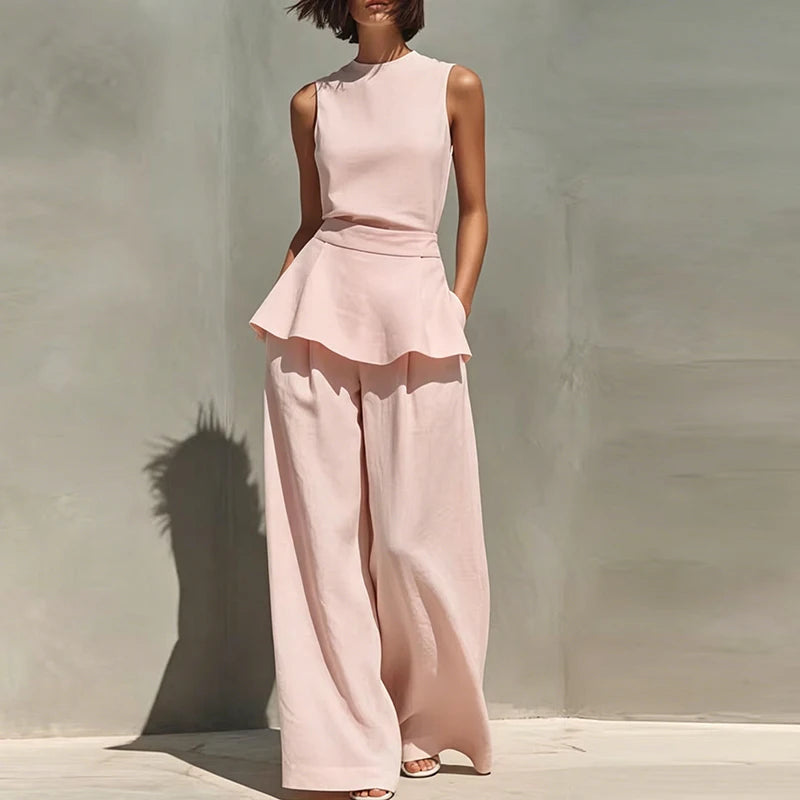 Office Lady Outfits Women Fashion Two Piece Set Summer Sleeveless O Neck Vest Sleeveless Shirt High Waist Pants Suit Work Wear