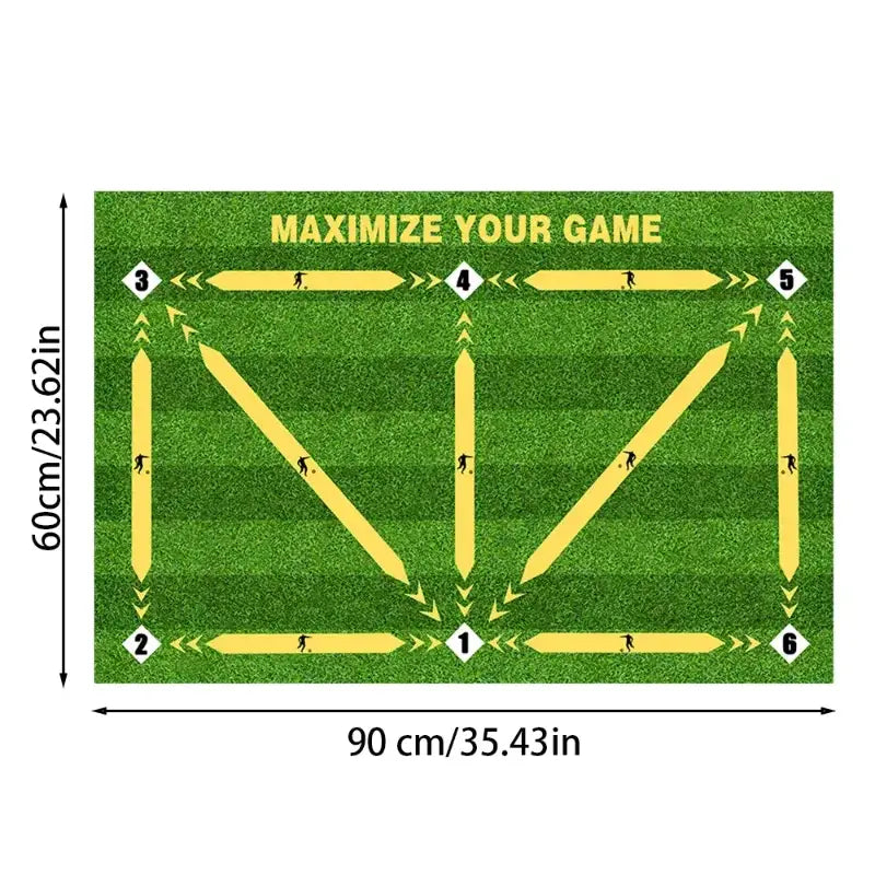 Soccer training mat made of green turf with yellow directional arrows and numbered markers designed for non slip dribble practice equipment.