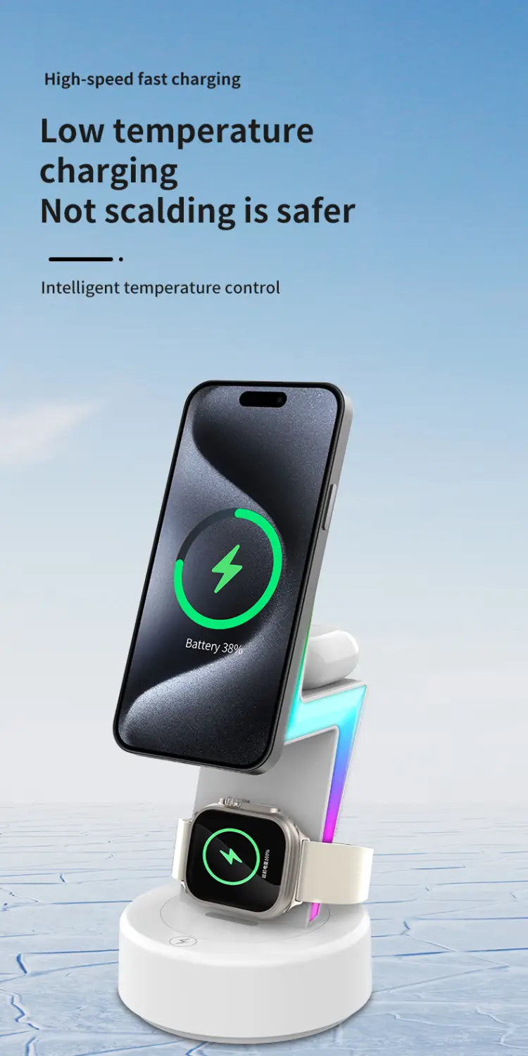 White wireless charging 3 in 1 RGB stand magnetic with lightning bolt design holding a smartphone and smartwatch showcasing wireless charging output power.