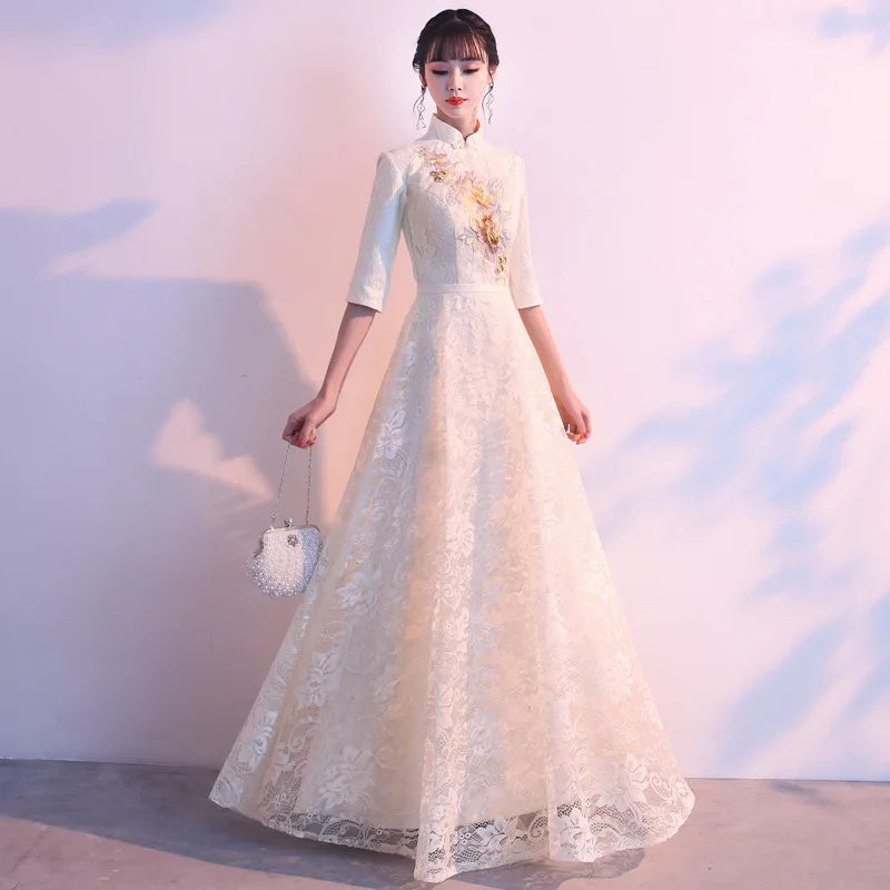 Banquet Elegant Evening Dress New Chinese Style Cheongsam Long Bridesmaid Dress with Mid Sleeve Welcome Etiquette for Ladies
