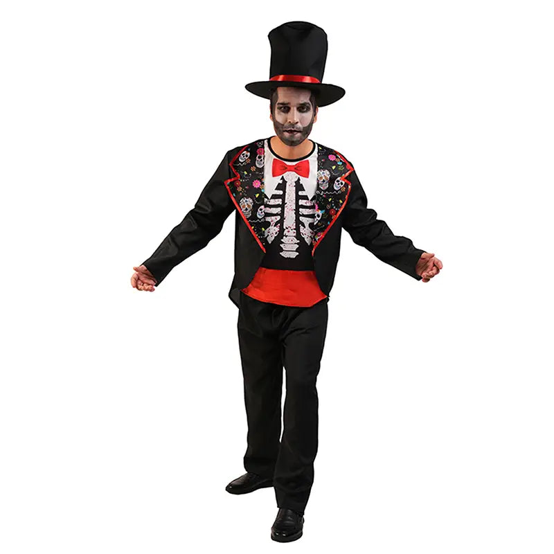 Costume de squelette pour homme comprenant une veste de costume noire à thème de squelette, agrémentée d’un liseré rouge et d’une broderie florale, associée à un haut-de-forme assorti.
