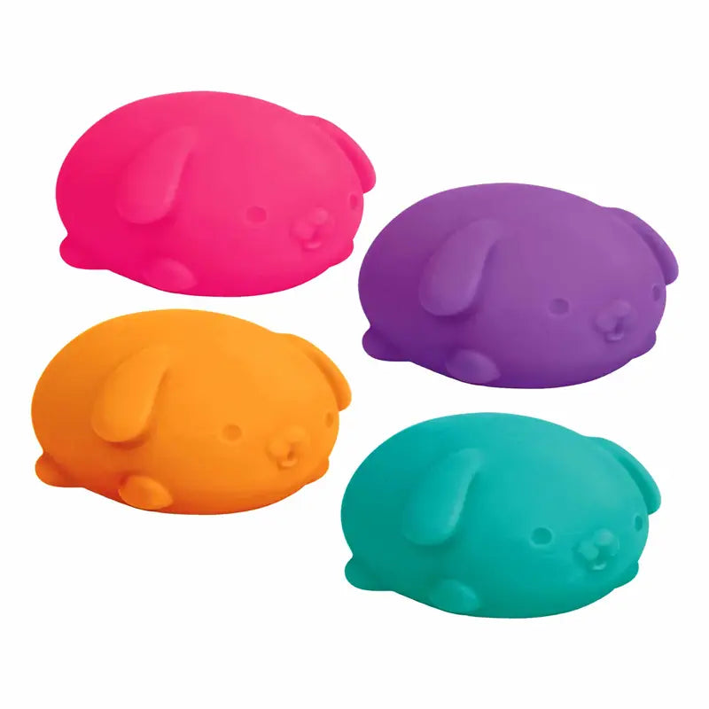 Four colorful squishy puppy-shaped sensory fidget balls in pink purple orange and teal showing a quick rebound feature in a front view.