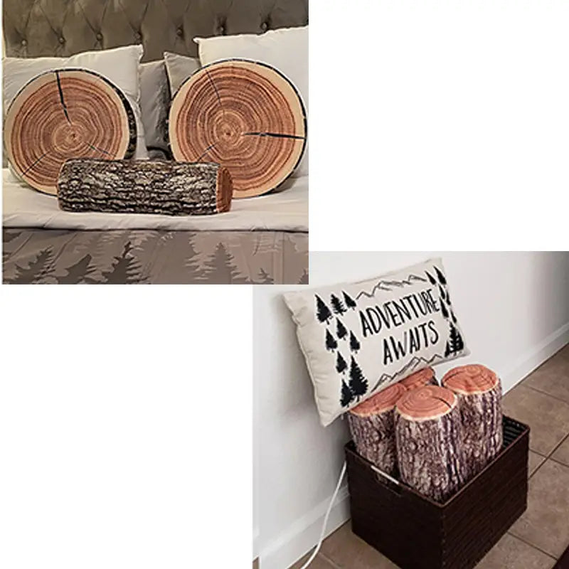 Log throw pillow with realistic wood grain and bark textures featuring circular cross-sections in warm brown tones designed as a forest-themed cylinder cushion.
