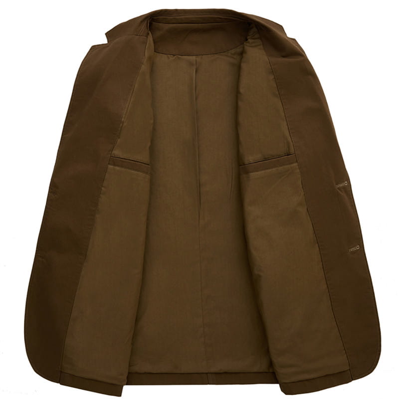 Men brown cotton casual blazer with a structured fit and two front flap pockets designed as a slim fit suit jacket.