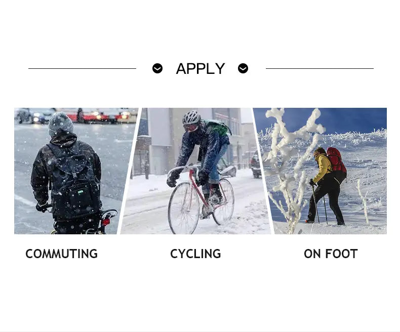 Mochila impermeable negra con múltiples compartimentos y correas ajustables, mostrada desde el reverso, diseñada para trayectos en bicicleta o actividades invernales a pie, complementando guantes de ciclismo con pantalla táctil a prueba de viento para hombres y mujeres.