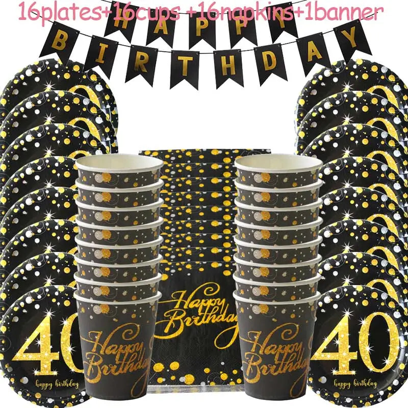 Einweg-Partygeschirr-Set zum 40. Geburtstag in Schwarz und Gold mit Konfettimuster, mit „Happy Birthday“-Schriftzug und einer prominent dargestellten 40 auf den Tellern.