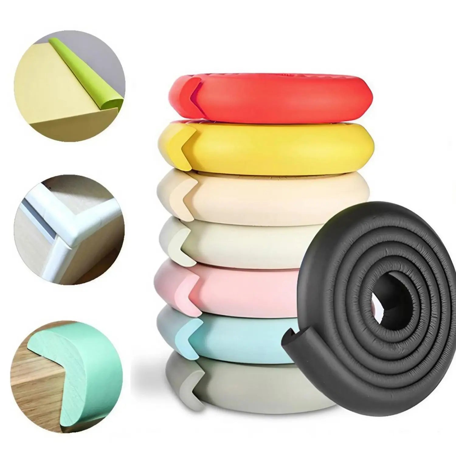 Stack of colorful foam child safety bumper strip thick l shape guards in red yellow beige pink light blue and black for corner protection.