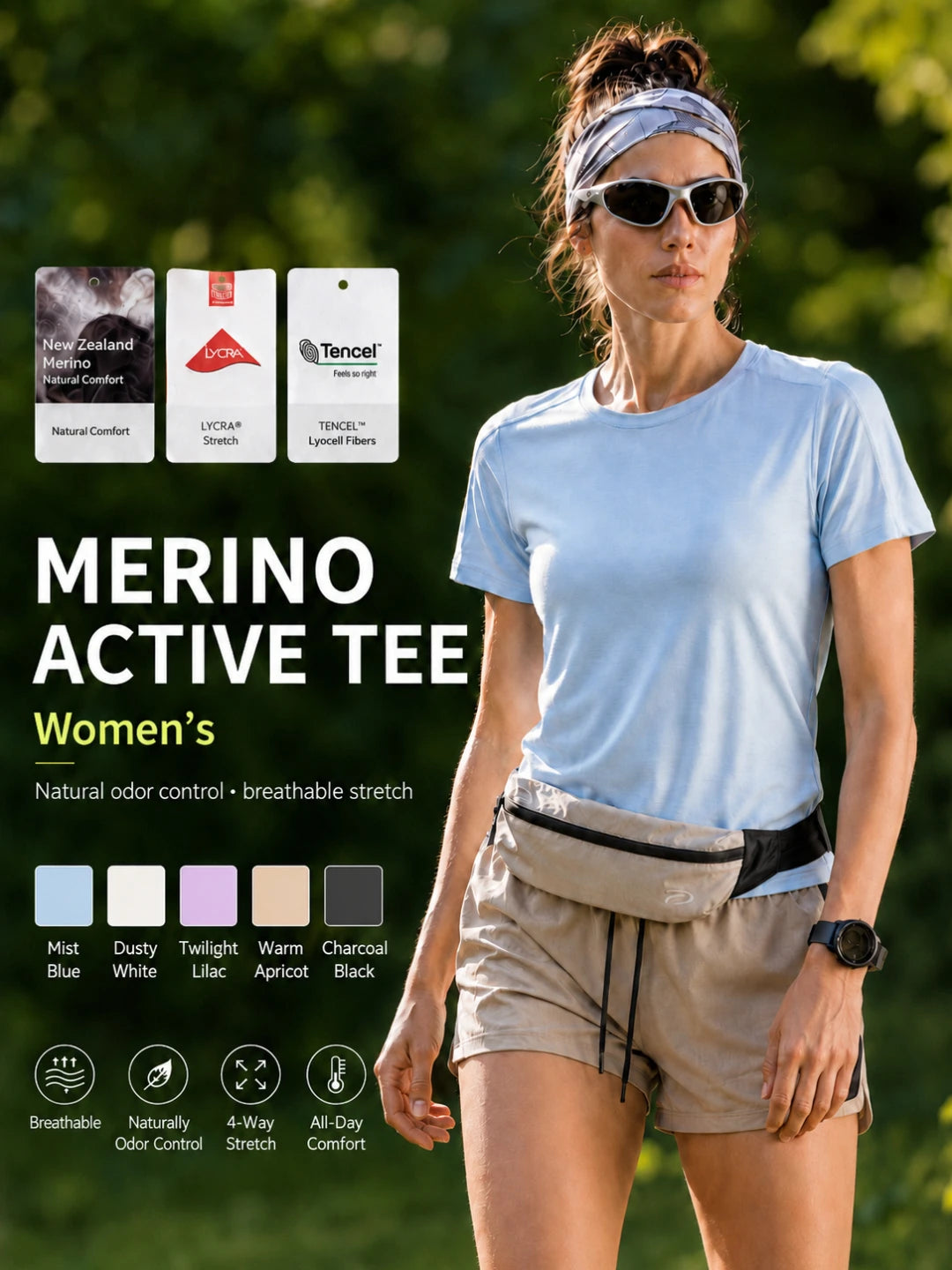 Women Merino Wool Blend Athletic ACTIVE T-Shirt Short Sleeve Quick Dry Odor Resistant Breathable Outdoor Running Hiking Top TEE