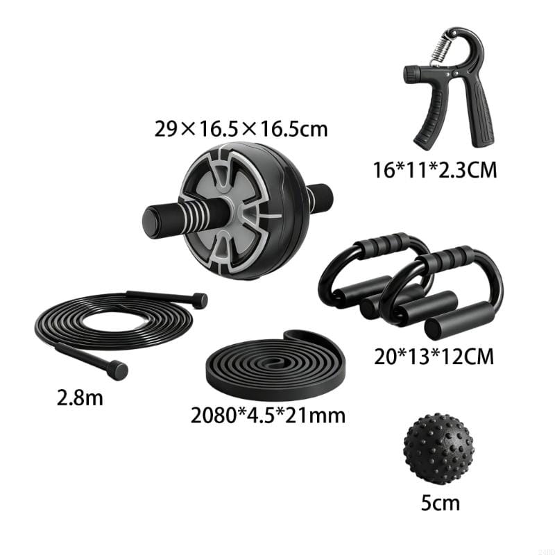 Black and gray ab roller with textured grip surface designed for real time tracking in the 6-in-1 ab roller wheel set.