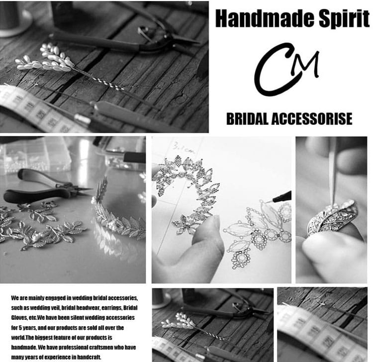 Handmade spirit cm bridal headpiece in silver-toned metal with intricate leaf and floral designs and sparkling embellishments paired with white lace short wedding tulle applique gloves.