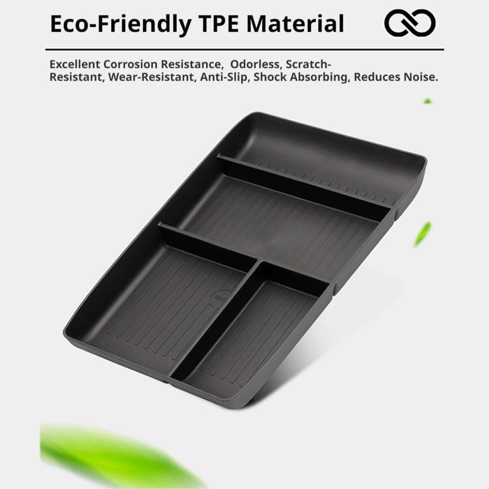 Schwarzes rechteckiges Organizer-Tablett für die Mittelkonsole aus umweltfreundlichem TPE-Material mit vier Fächern und strukturierten Oberflächen für die Verwendung als ABS-Aufbewahrungsbox.