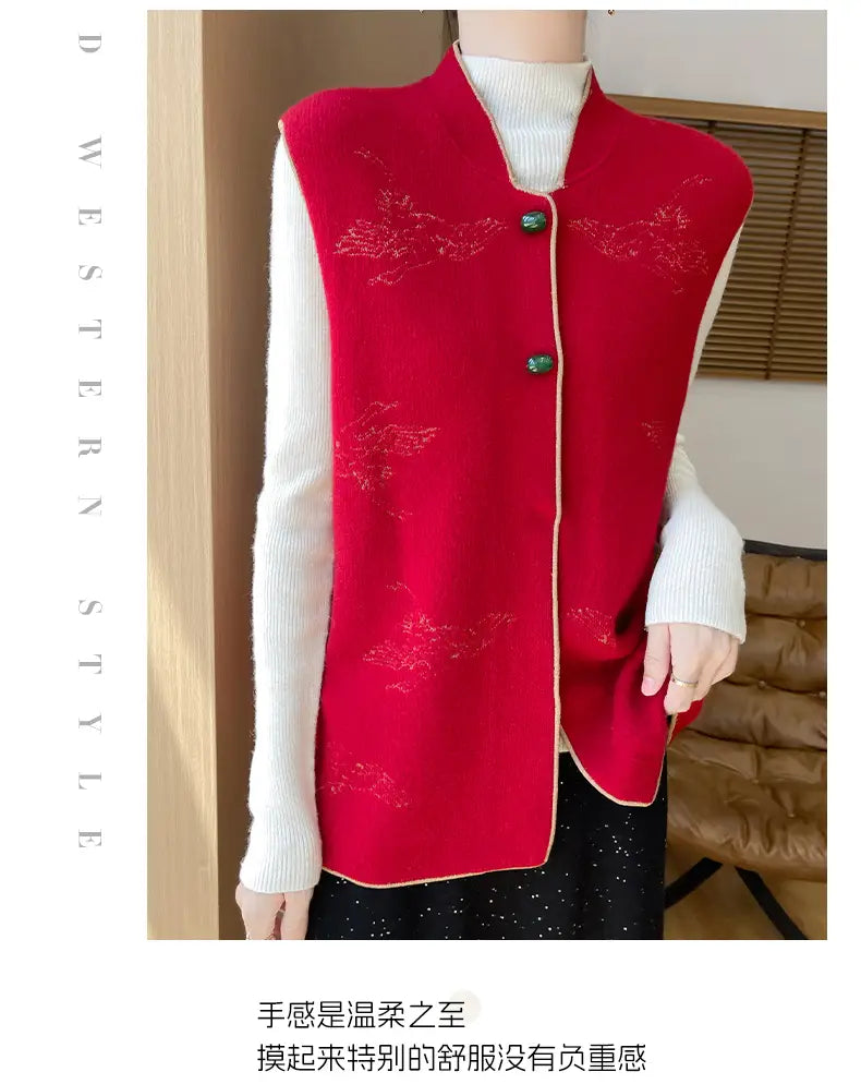 Wool embroidered vest women red knitted sleeveless vest with floral patterns and green button closures.