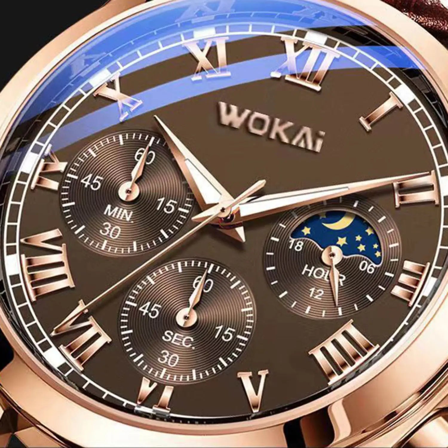Herren-Quarz-Leder-Geschäftsuhr aus Leder mit Roségold-Wokai-Chronograph, dunklem braunem Zifferblatt, römischen Ziffern als Stundenmarkierungen und drei Hilfszifferblättern einschließlich Mondphasenanzeige.